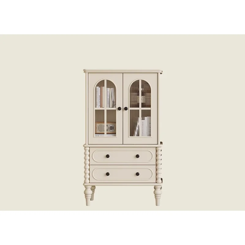 

French cream wind solid wood high and low cabinet combination household white storage locker living room wall wine cabinet