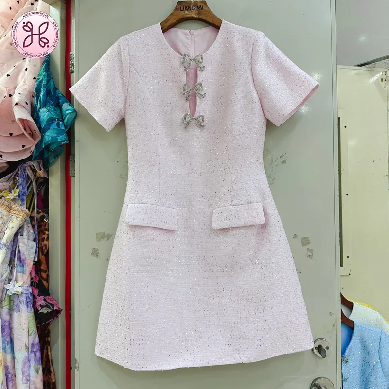 Luxury French Tweed Dress - Summer Cut-Out Waist Short Sleeve (Women's Elegant Chanel-Inspired Party Wear)