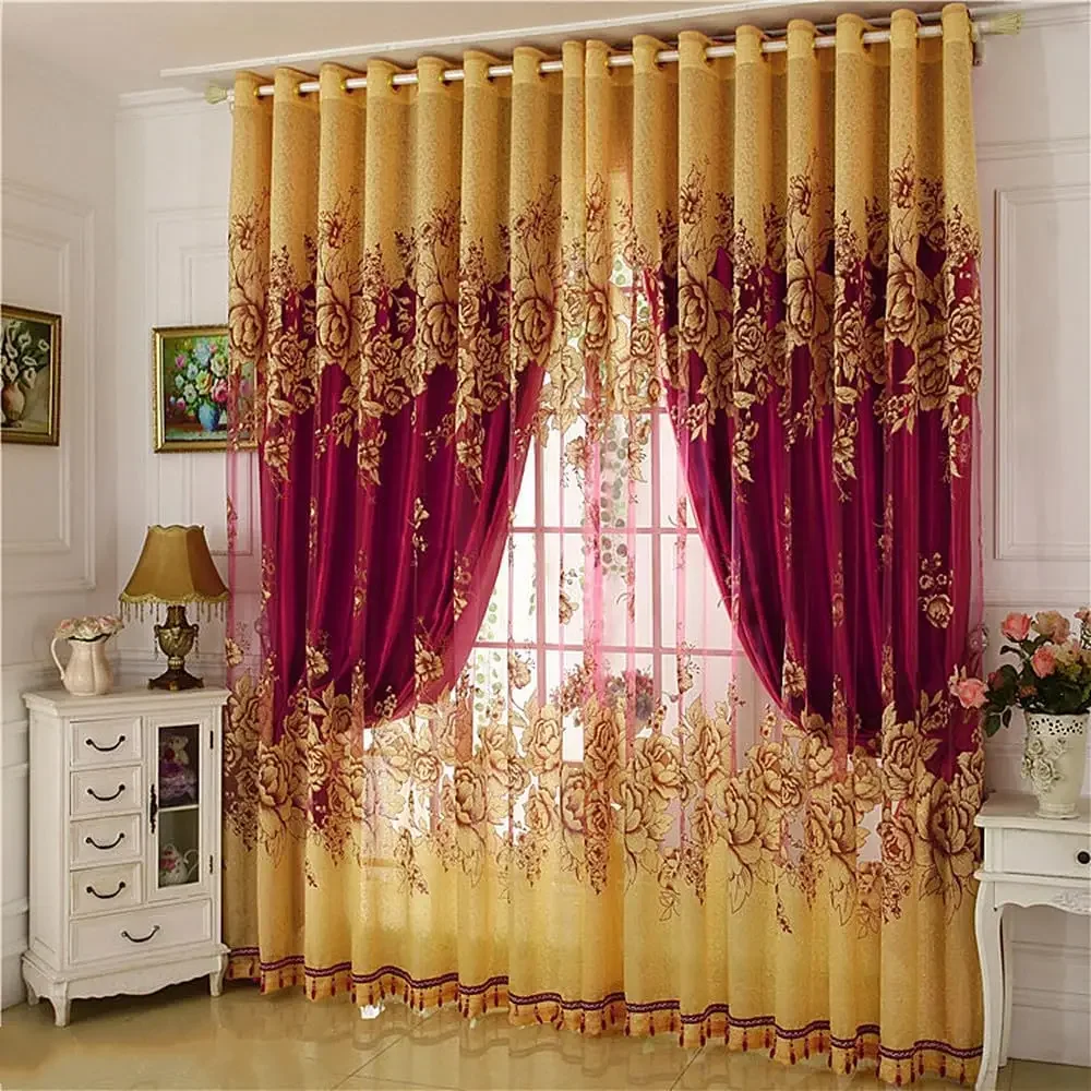 1 Panel 140cm Width European Double Layer Curtain for Living Room Peony Flower Curtain for Bedroom Luxury Curtain