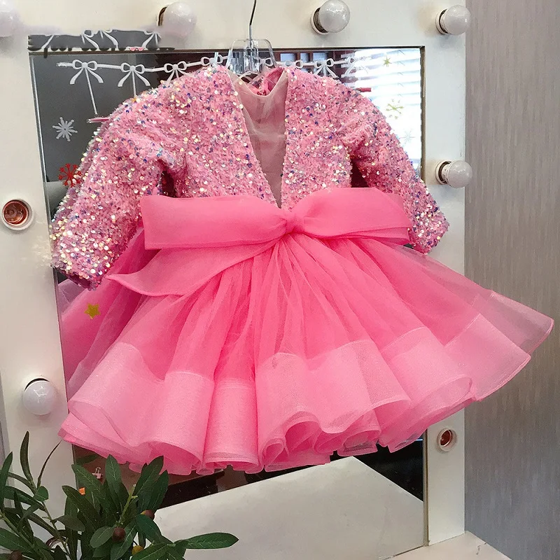 Bebê menina princesa lantejoulas tutu vestido de manga longa personalização criança arco vestido festa aniversário natal roupas de bebê 1-14y