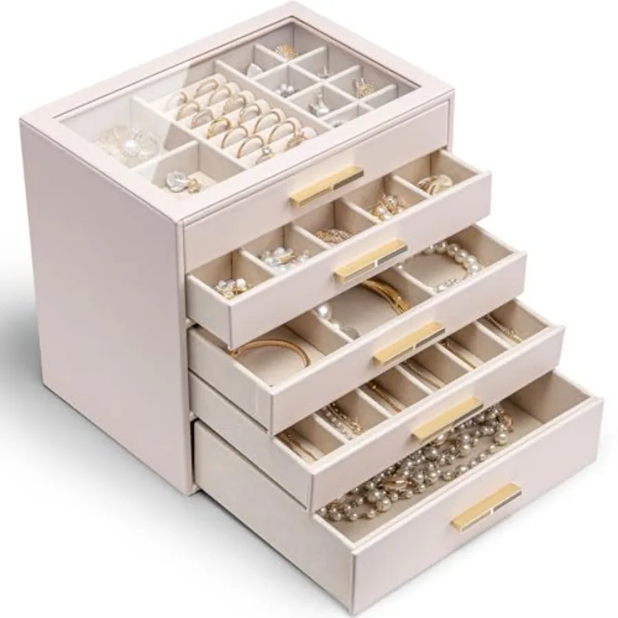 

Шкатулка для драгоценностей для женщин и девочек, органайзер для ювелирных изделий, 5 ящиков, стеклянная крышка, органайзер для хранения ювелирных изделий, ожерелья с драгоценными камнями и бриллиантами, кольца, серьги