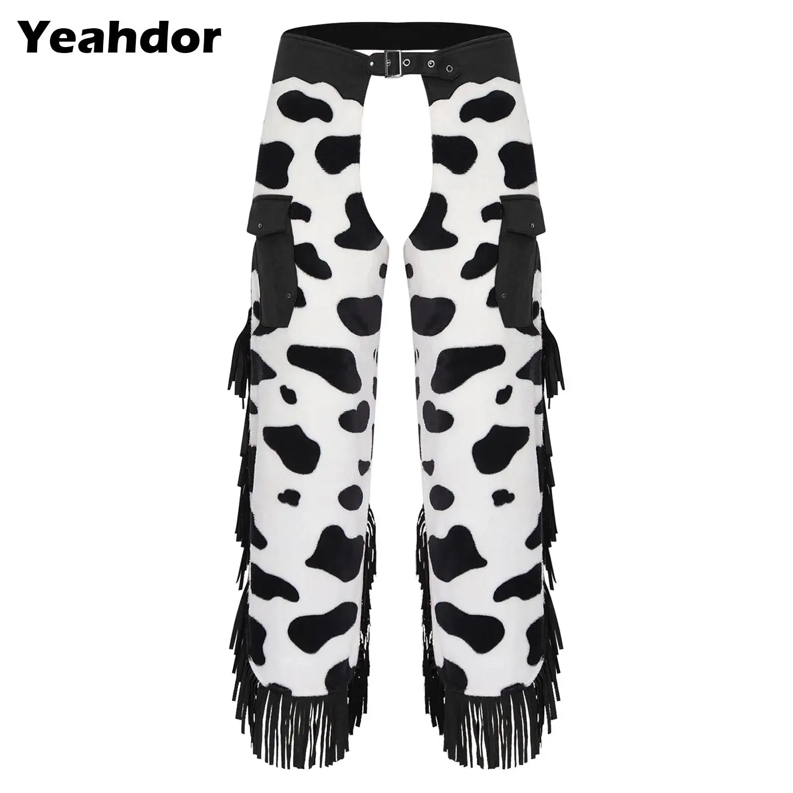 Men Western Cowboy Fringed Chaps Pants Cow-spot Pattern Flannel Side Tassel Color Block Trousers Bottoms Vintage Party Wear