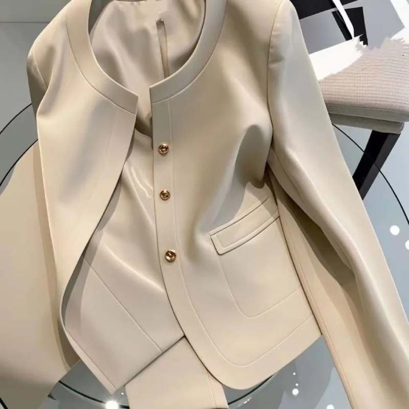 New Women's Casual Suits Jacket Spring Autumn Fashion Round Neck Basic Jacket High-end Office Women's Khaki Blazer with Lining