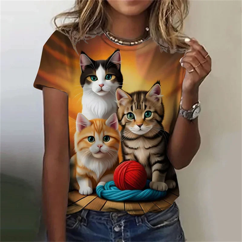 Fashion Women\'s T-shirt 3D Printed Kawaii Cat Pattern Short Sleeved Round neck Top Summer Outdoor Casual Street Simple Clothing