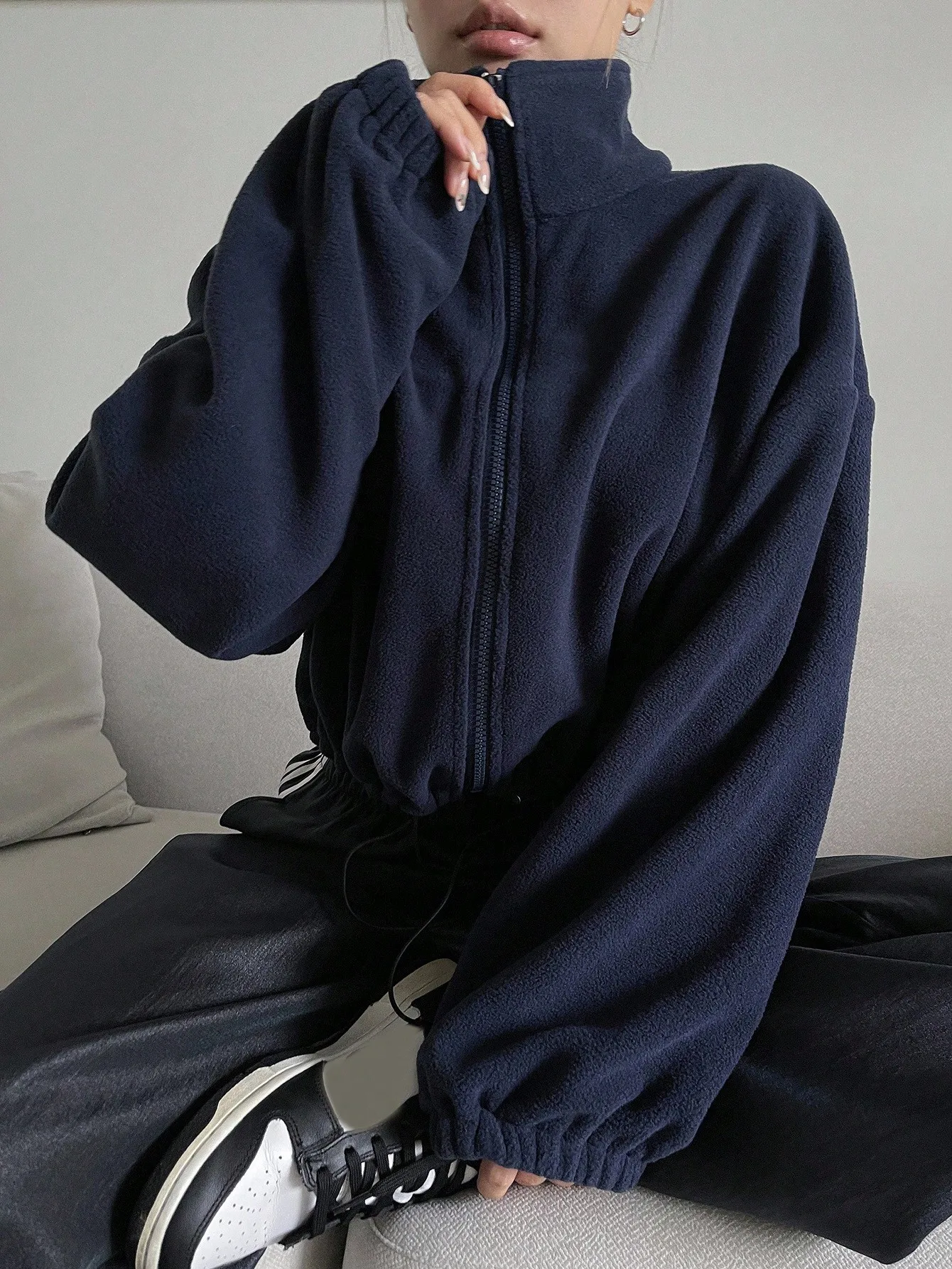 

Women's Navy Fleece Zip-Up Jacket with Stand Collar and Elastic Cuffs, Winter Warm Outerwear