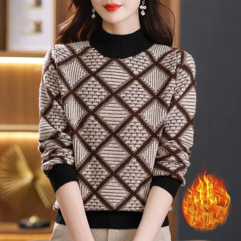 Autumn and Winter Women's Pullover Half High Collar Patchwork Geometric Loose Bottom Fashion Casual Elegant Long Sleeve Tops