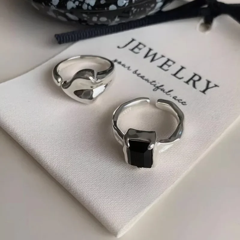 

925 Sterling Silver Black Zircon Love Heart Shape Rings for Women Girls Korean Geometry Irregular Fashion Jewelry Dropshipping