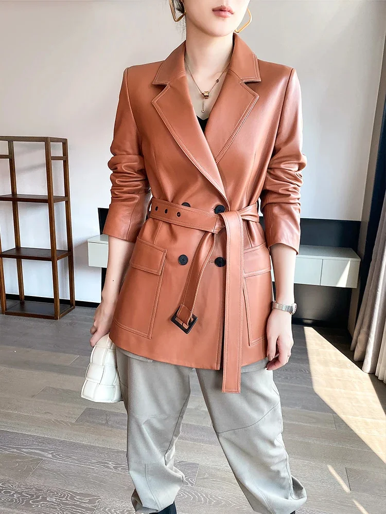 Blazer en peau de mouton véritable pour femme, veste en cuir véritable, double boutonnage, ceinturée, mince, mi-longue, manteau tendance haut de gamme, 2024