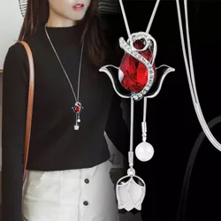 Retro Crystal Long Necklaces & Pendants Fashion Geometric Flower Statement Necklace For Women Collier Femme Pearl Choker Jewelry