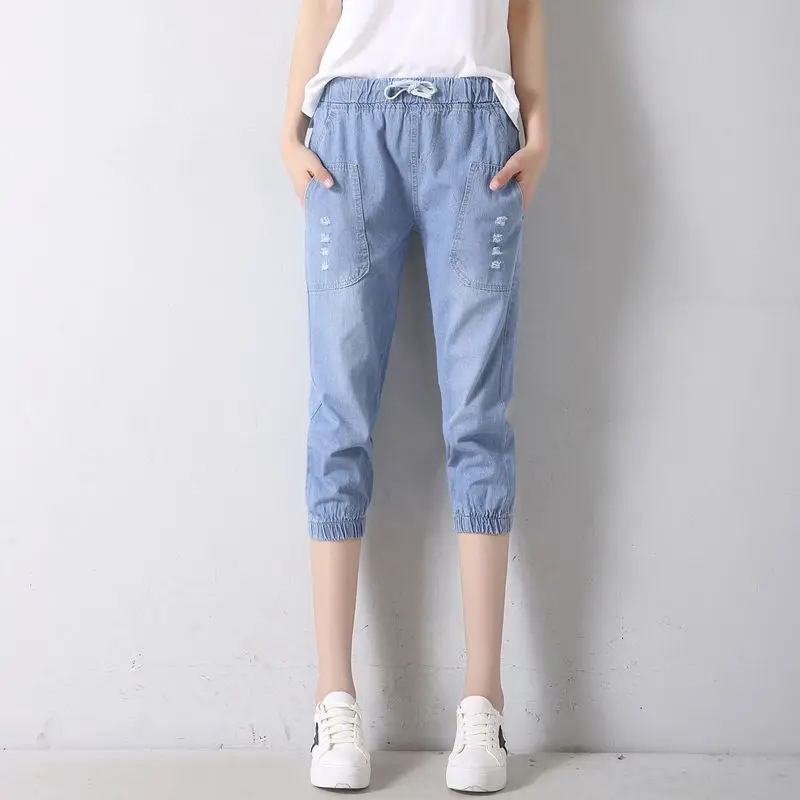 Streetwear Harem Denim Capris For Women Elastic High Waist Cropped Pants 2025 Spring Summer Casual Loose Calf-Length Pants