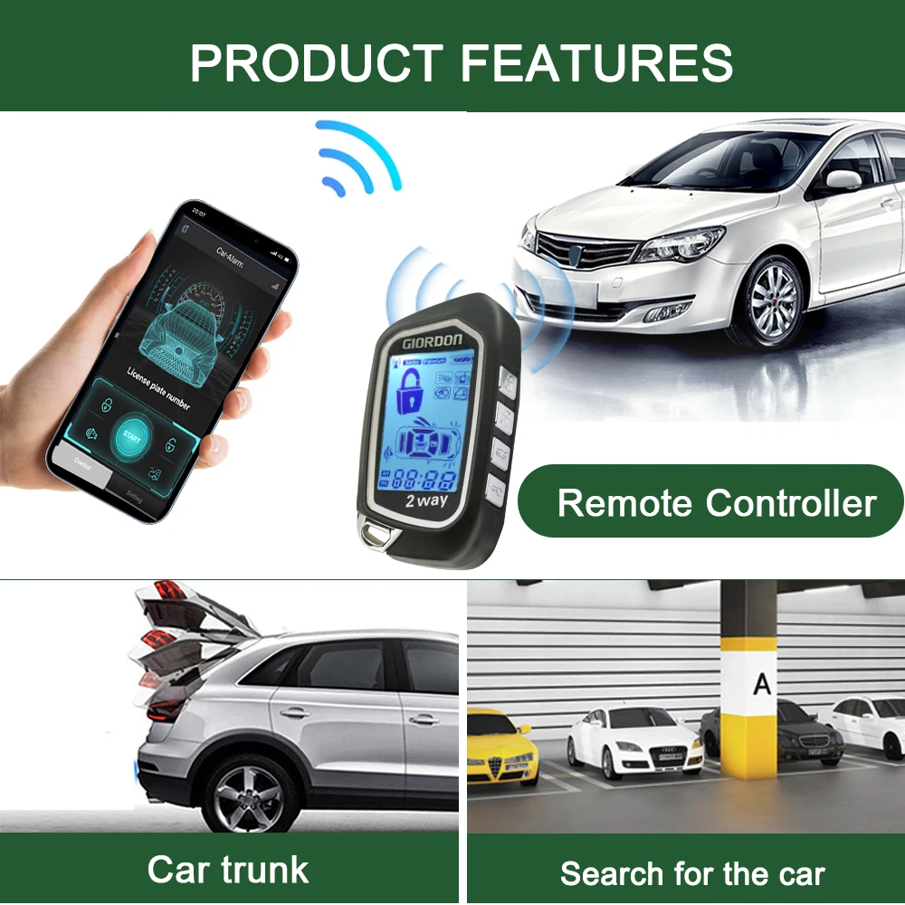 Car alarm LED LCD 2 way start and stop system shock/vibration alarm Automatic induction central locking