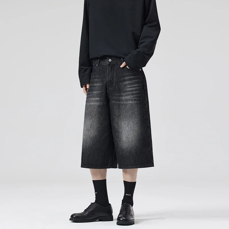 

Лето 202, американские джинсовые укороченные брюки Crack, мужские прямые свободные шорты с широкими штанинами, уличные мешковатые повседневные брюки