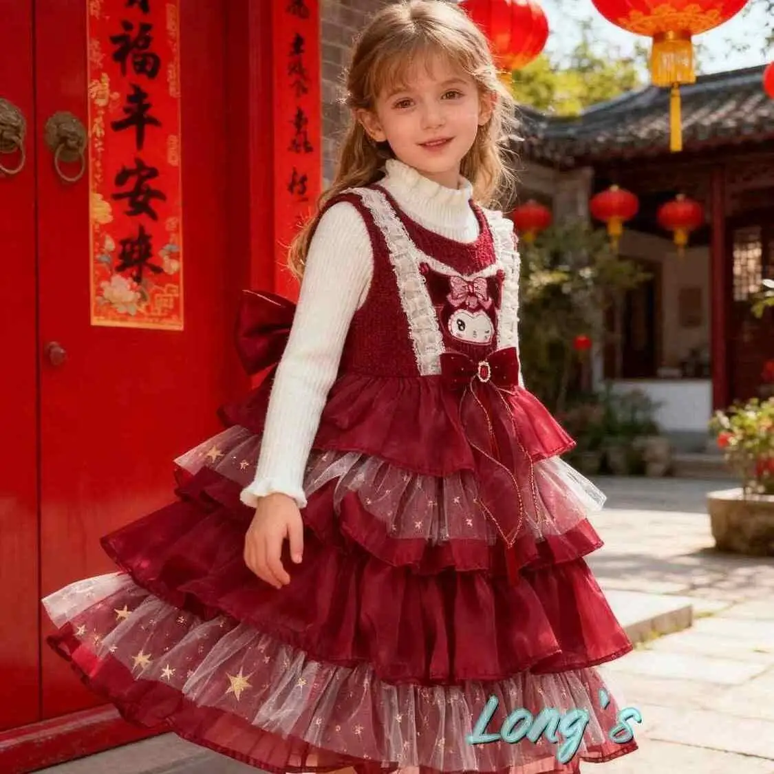 

Платье принцессы Лолиты для девочек Sanrio Kuromi, юбка-пачка с рюшами, многослойное платье с героями мультфильмов, украшение с бантом, праздничное платье, детский подарок на Хэллоуин