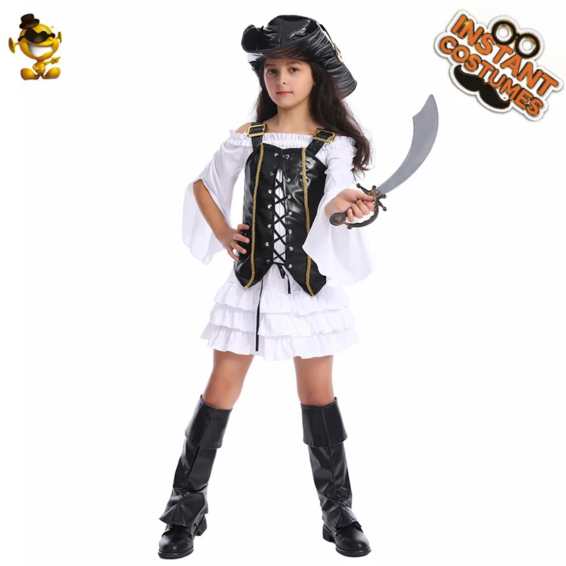 Girls Pirate Party Costume Cosplay Children's Little Girl Pirate Role Playing Costume Performance Costume 3pcs Halloween Props