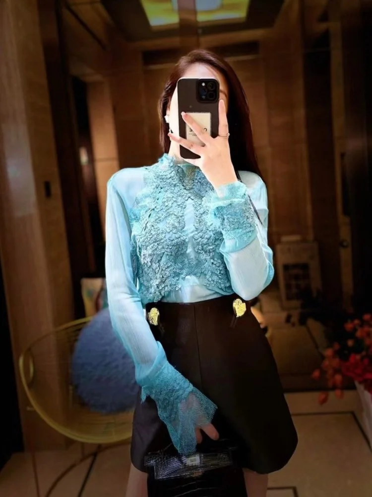 

Ele Silk irt Women's Spring Autumn High-End Lace Bell Sve Slimming Silk Semi-Transparent Top Commute Sle