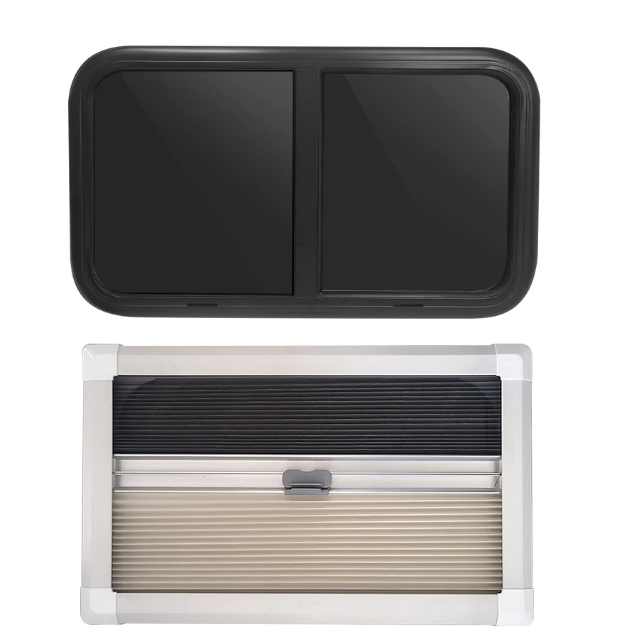 RV Rounded Sliding Window with Sunshade and Mosquito Net, Inner Window Opening Size 700 x 400 mm, Acrylic Rounded Sliding Window