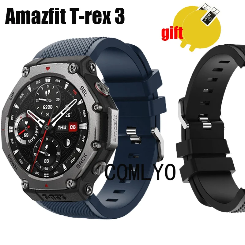 3in1 สําหรับ Amazfit T-REX 3 สมาร์ทสายนาฬิกาผู้หญิงผู้ชายซิลิโคนสร้อยข้อมือกีฬาเข็มขัดหน้าจอป้องกันฟิล์ม