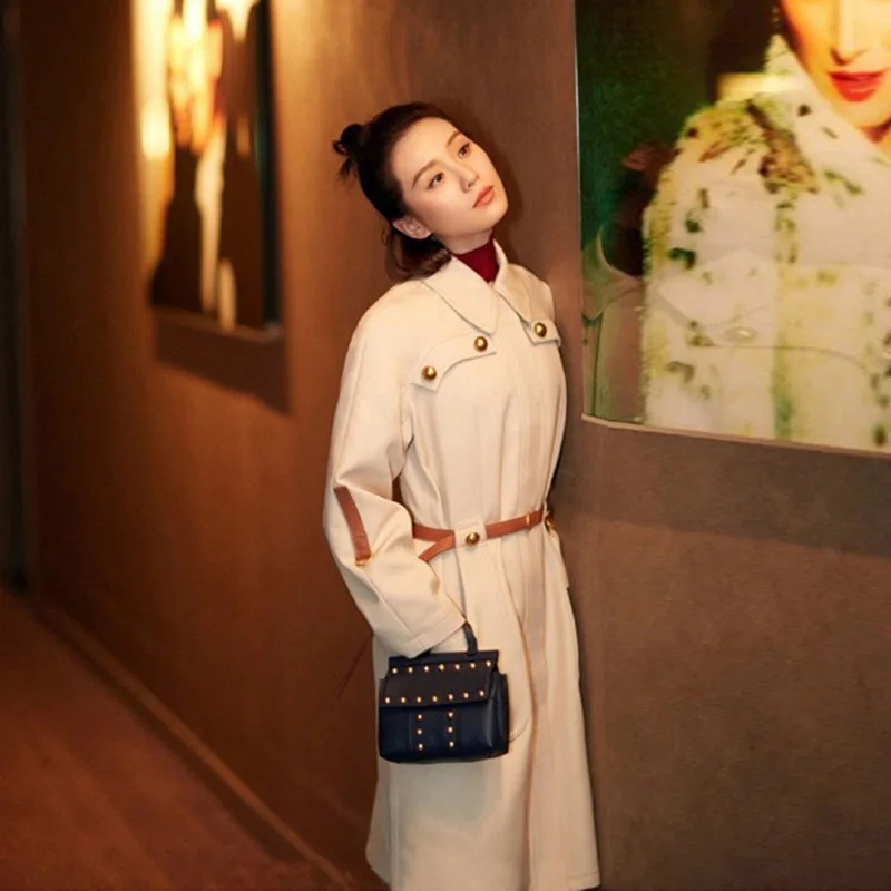 2025 Autumn New Apricot English Style Loose Temperament Mid Length Windbreaker Women's Coat Belt Trench Coat