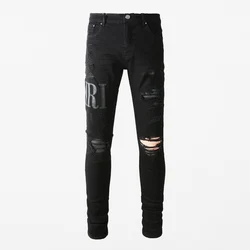 Homens negros slim fit lavado patchwork jeans, stretch, designer, moda, rua alta, hip-hop, marca, novo