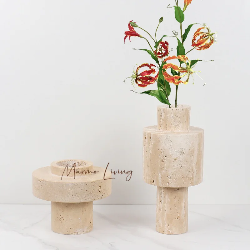 

Beige Travertine Vase Living Room Bedroom Hotel Dining Table Board Natural Marble Stone Flower Vase