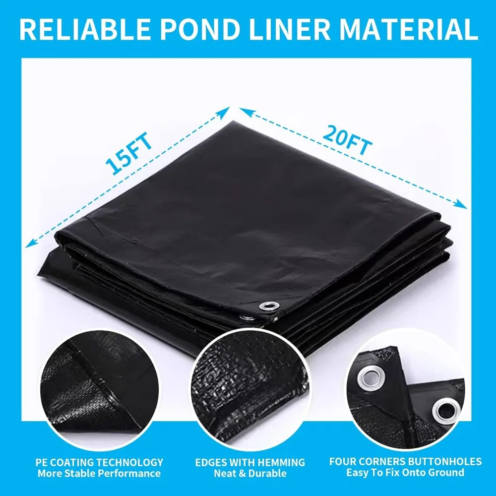 15X20FT Reinforced PE Pond Liner, 28Mil Thickness Pond Liners for Outdoor Ponds Hemmed Edge with Buttonholes Liners for KOI/Fish