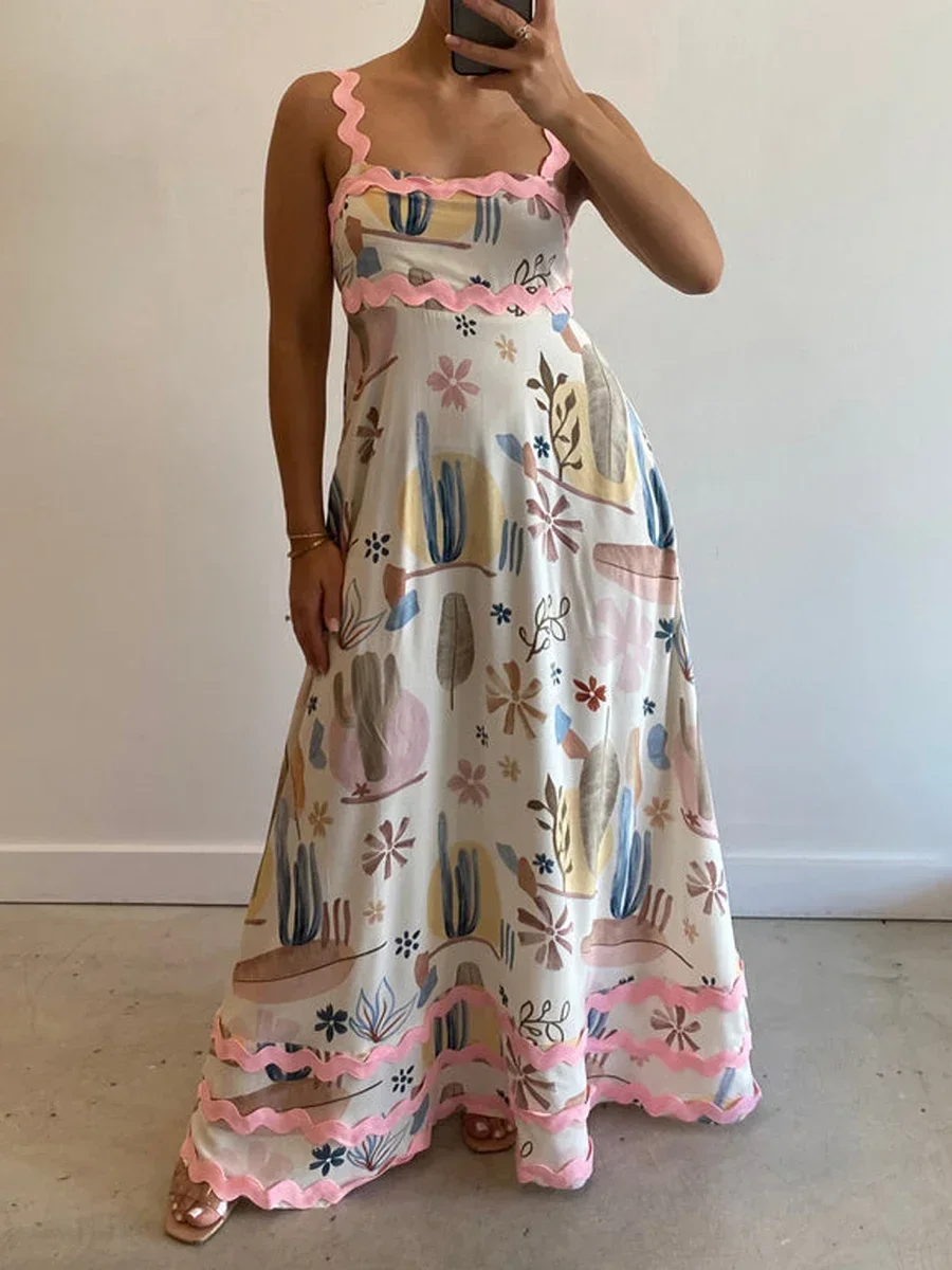 Robe longue à imprimé vintage pour femmes, style Boho, dos nu, fluide, smockée, trapèze, mi-longue, été 2024