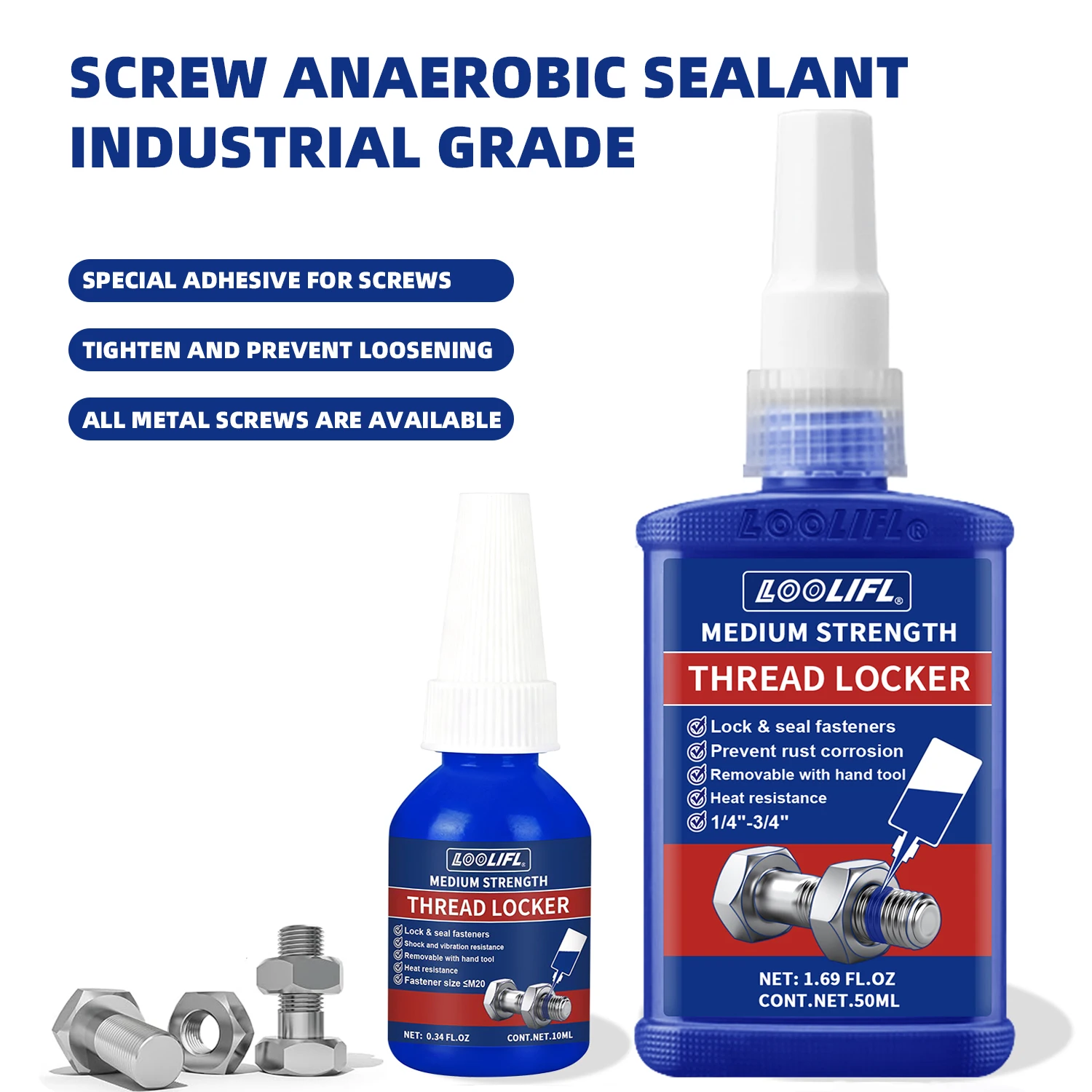 LOOLIFL243 Medium Strength Threadlocker 10/50MLBlue Anaerobic Screw Lock Glue, Anti-Loosening Sealant for Automotive & Household