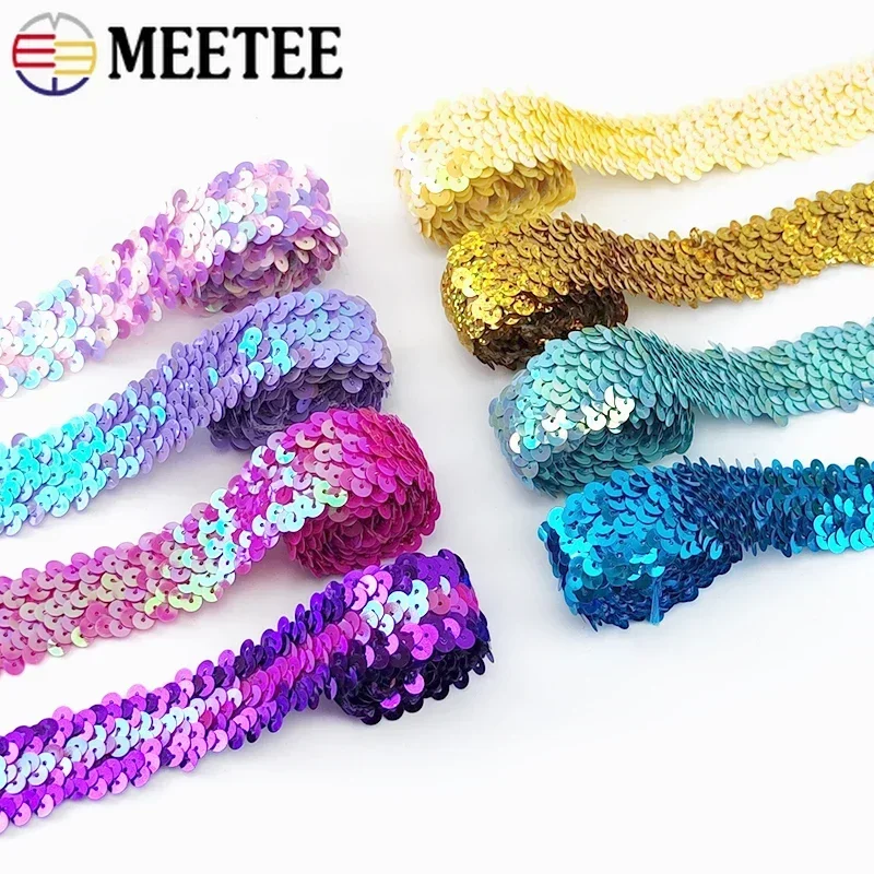 5/10/20Meters Meetee 30mm Sequins Strech Lace Ribbons Elastic Band Fabric Laces Trim For Clothes DIY Sewing Decoration Accessory