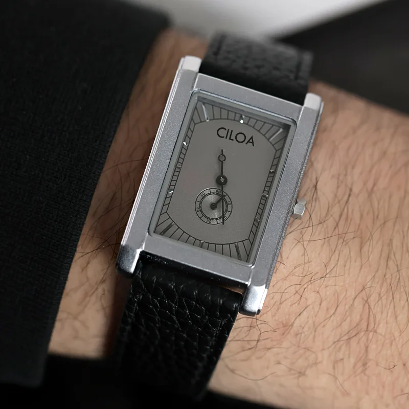 Retro Rectangle Men Quartz Watch Silver Case Black Leather Strap Small Second Dial Casual Business Wrist Watch Gift