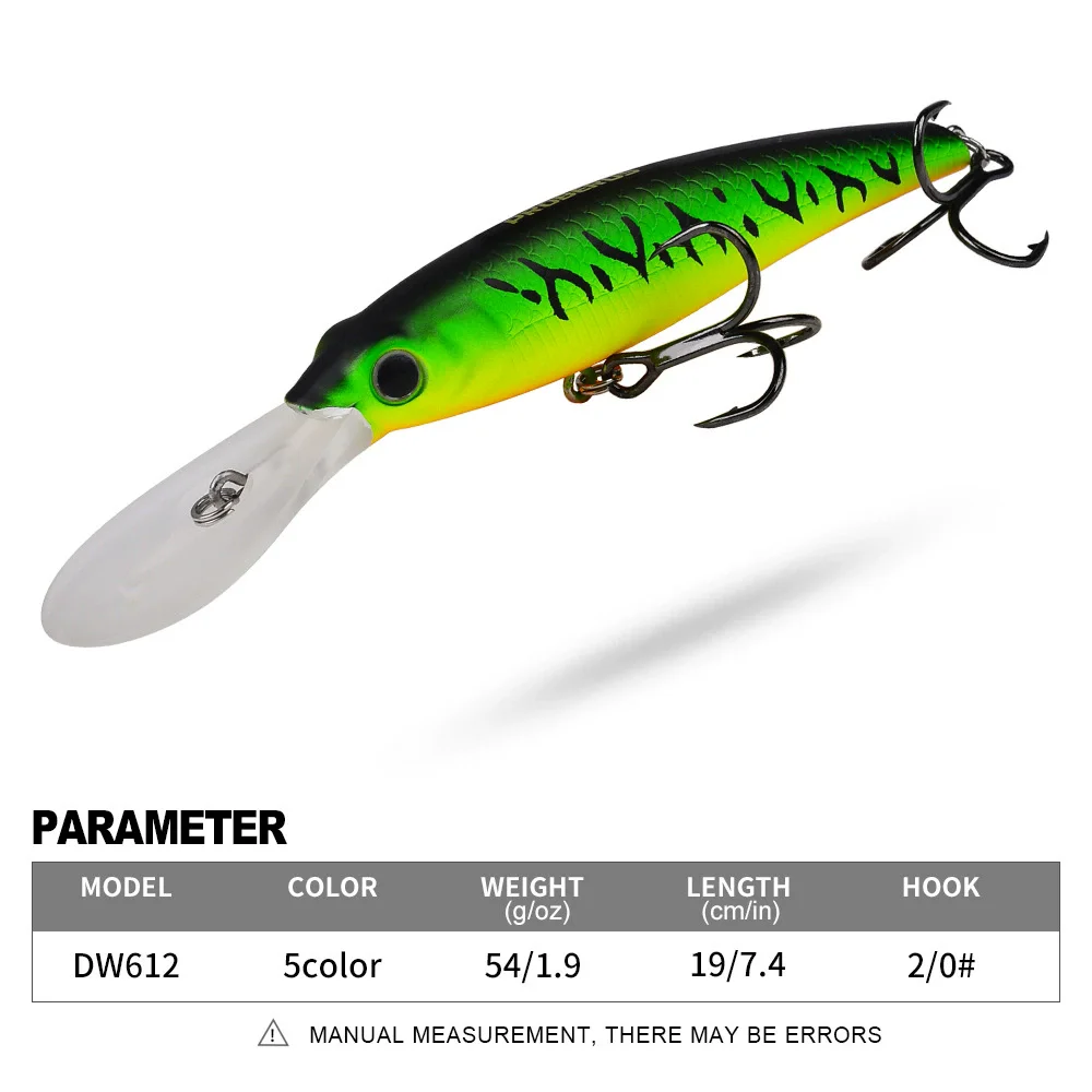 

Lot 1pcs Fishing Lure 54g 19cm Hard Plastic Minnow Lures 5 Color Crankbait Sea Boat Fishing Baits 2/0# Treble hook DW612