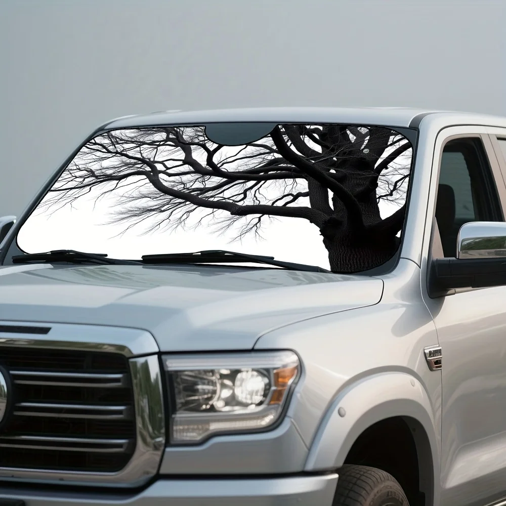 1pc Minimalist Design, Black And White Tree Branch Pattern, Foldable Car Sunshade, Material, Perfect For Staying Cool During Par