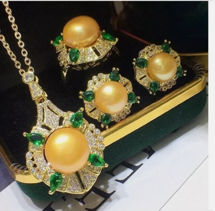 

New AAAA 10-9mm south sea Golden stud pearl pendant earring ring set 925S