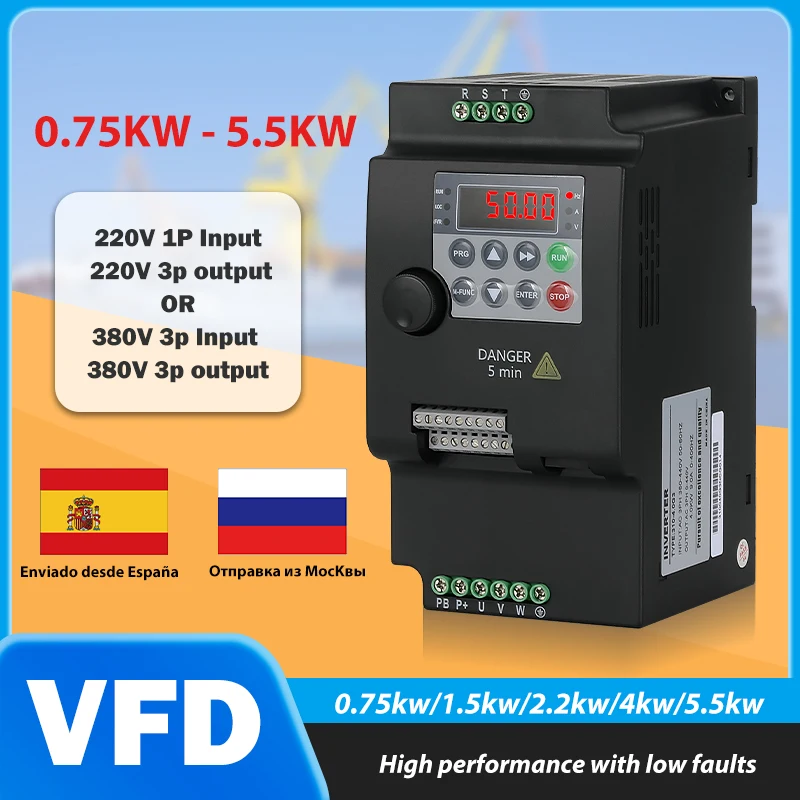 Inversor de Freqüência para Controle do Motor do Eixo Entrada Monofásica ac 220v 380v Saída 3ph Vfd 075 kw 5.5kw Venda Quente