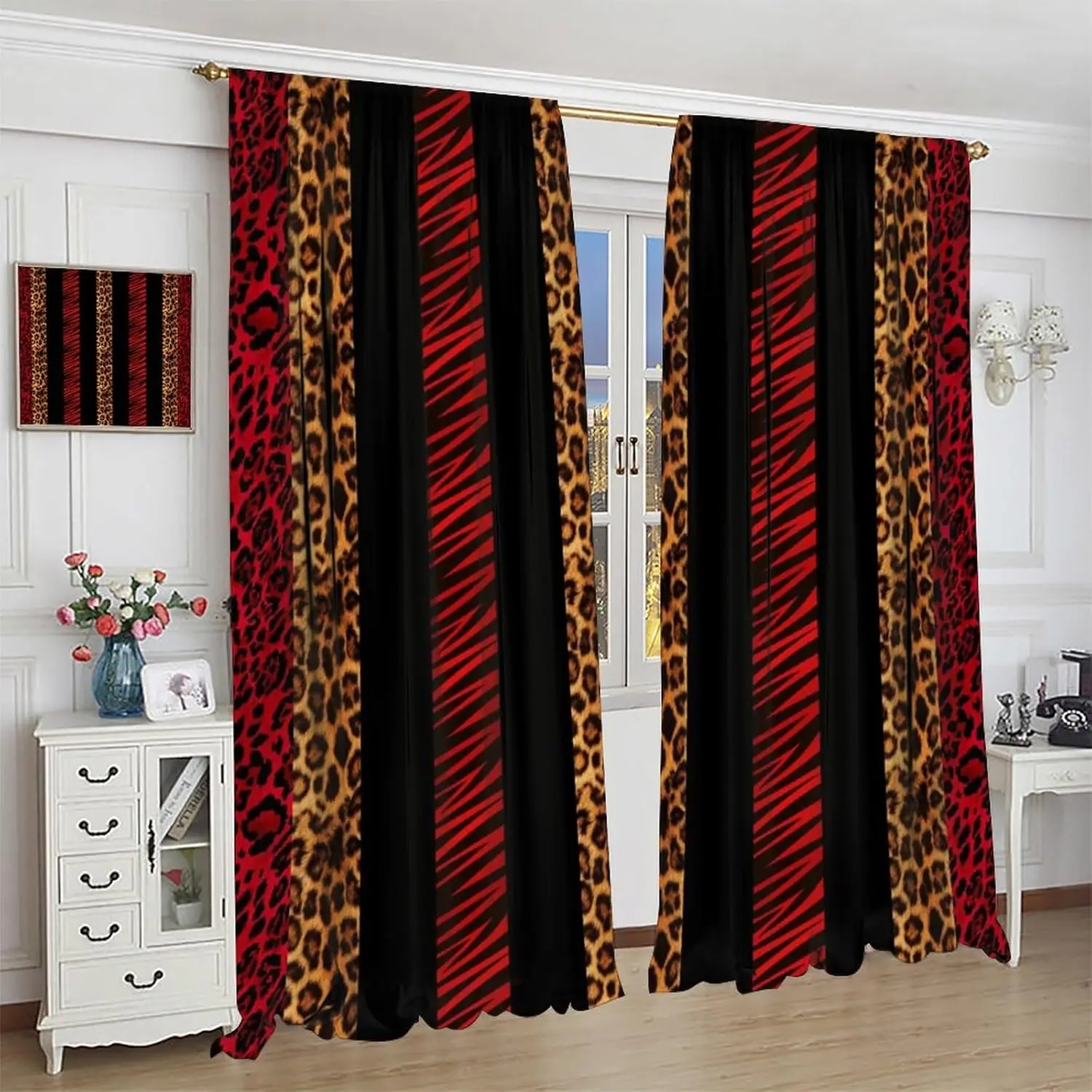 

Leopard Print Curtains,Red Black Cheetah Zebra Stripe Abstract African Wild Animal Skin Modern Fashion Art Curtains for Bedroom