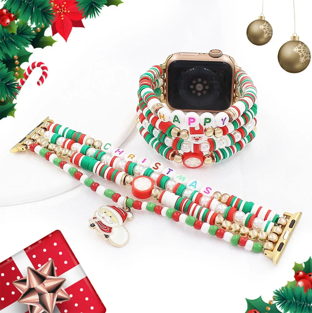 Christmas Element Beaded Strap for Apple Watch Band 46mm 45mm 42 44 49mm Holiday Gifts Women Bracelet for iWatch 10 9 8 7 6 SE