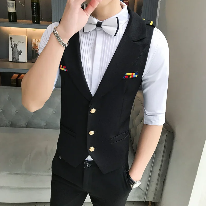 College Style V-neck Men's Vest Casual Service Waistcoat Male Prom Party Disco Clothes Slim Dress Vest Men Tuxedo Gilet Homme