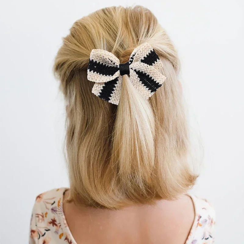 ncmama 2Pcs Knitted Bow Hair Clips For Girls Classical Plaid Handmade Bowknote Hairpin Barrette Headwear Korea Hair Accessories