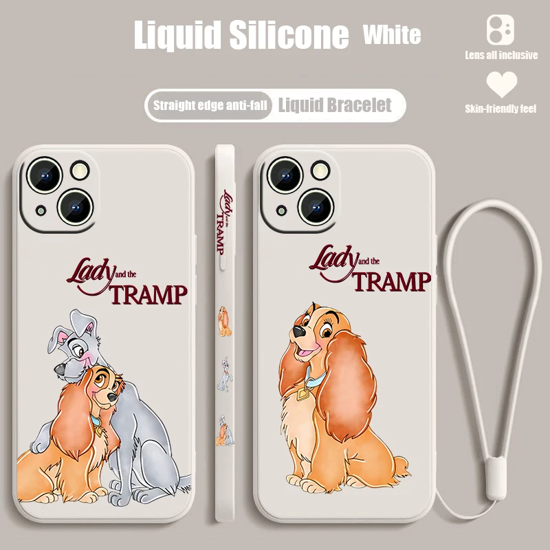 Disney Dog Lady And Tramp funda de teléfono líquida con cuerda izquierda para iPhone 15, 14, 13, 12, 11 Pro Max, 8, 7 Plus, XR, XS, X