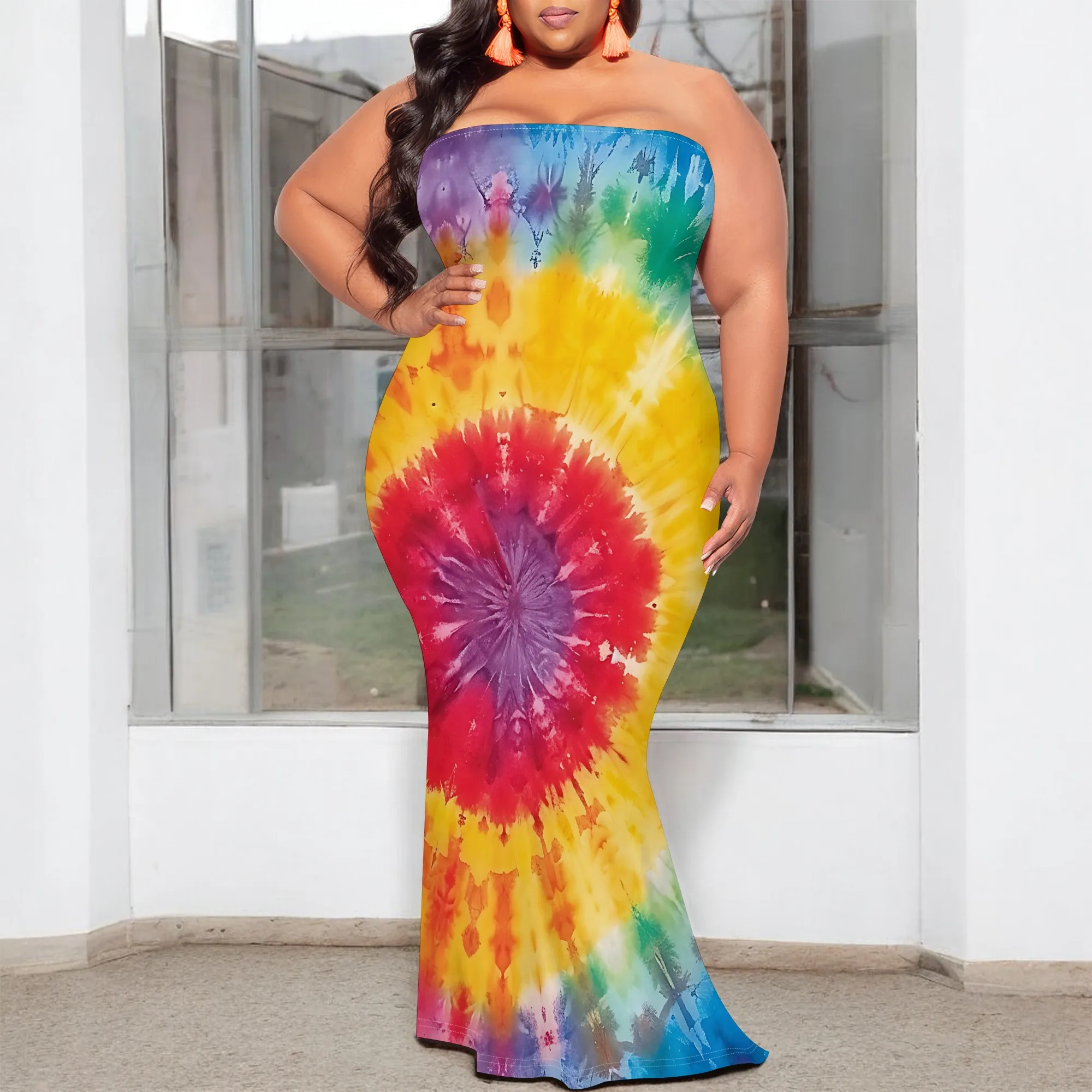

Rainbow Tie-Dye Print Plus Size Dress XL-6XL Strapless Bodycon Maxi Style for Pride Parade, Summer Festival or Afro Street Look
