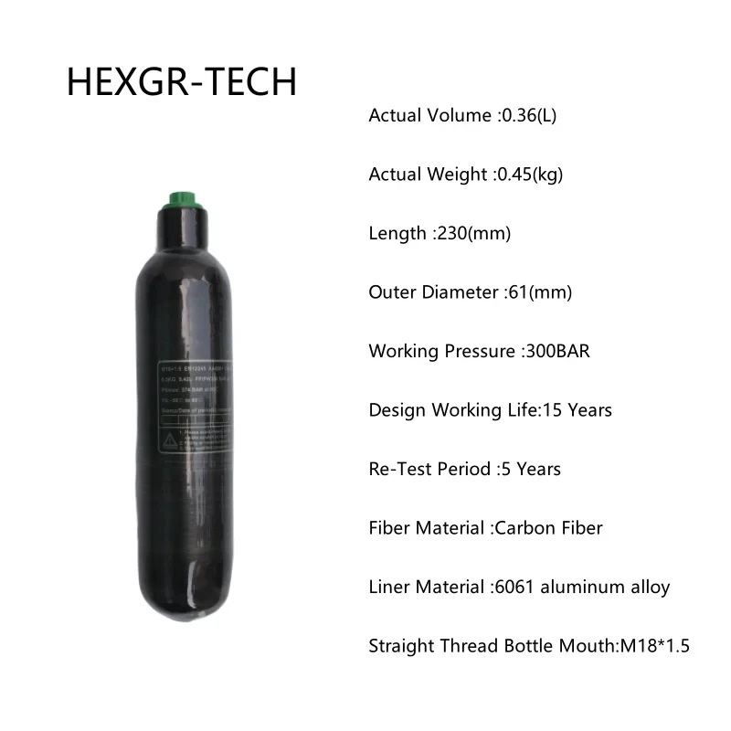 Imagem -04 - Cilindro de Gás o para Mergulhar Cilindro Preto da Fibra do Carbono Hpa Airtank 4500psi 300bar 0.22l0.3l0.36l0.5l Pcp M18 15 de Alta Pressã