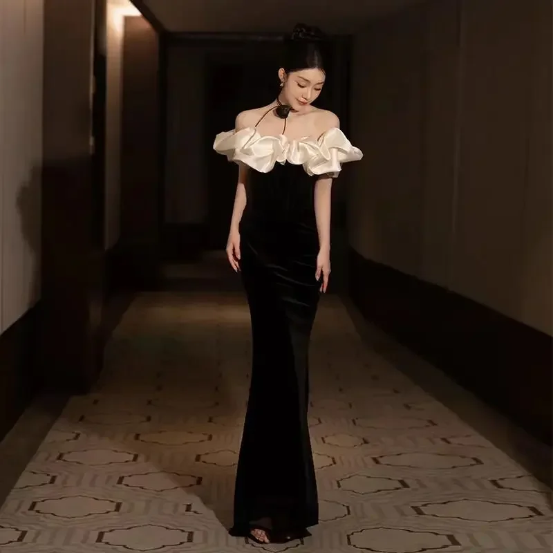 Evening Dress Black One-word Shoulder Temperament High-end Fishtail Senior Sense Adult Ceremony Banquet Dress Light Luxury Niche