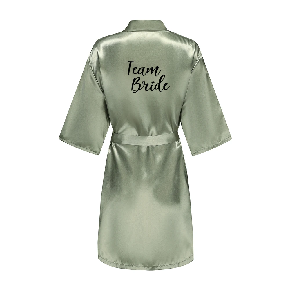 Wedding Party Bridesmaid Maid of Honor Robe With Black Writing Letter Women Lady Grass Green Satin Bathrobe Kimono