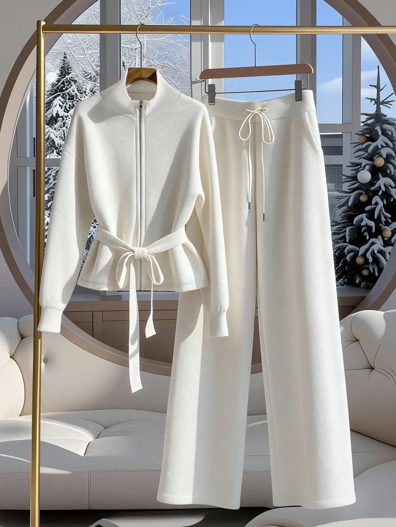 

Женский комплект: кремовая куртка на молнии из шерстяной смеси и брюки с широкими штанинами, зимний повседневный стиль