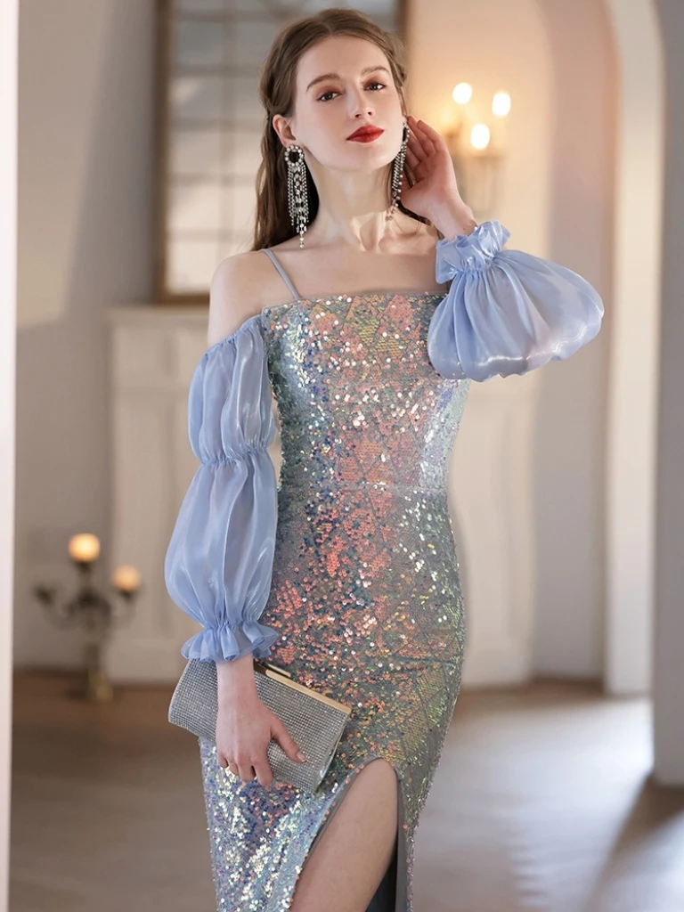 

Sexy Blue Luxury Celebrity Dress Sparkly Spaghetti Strap Sequin Half Sleeve A Line Formal Side Split Party Prom Evening Gowns