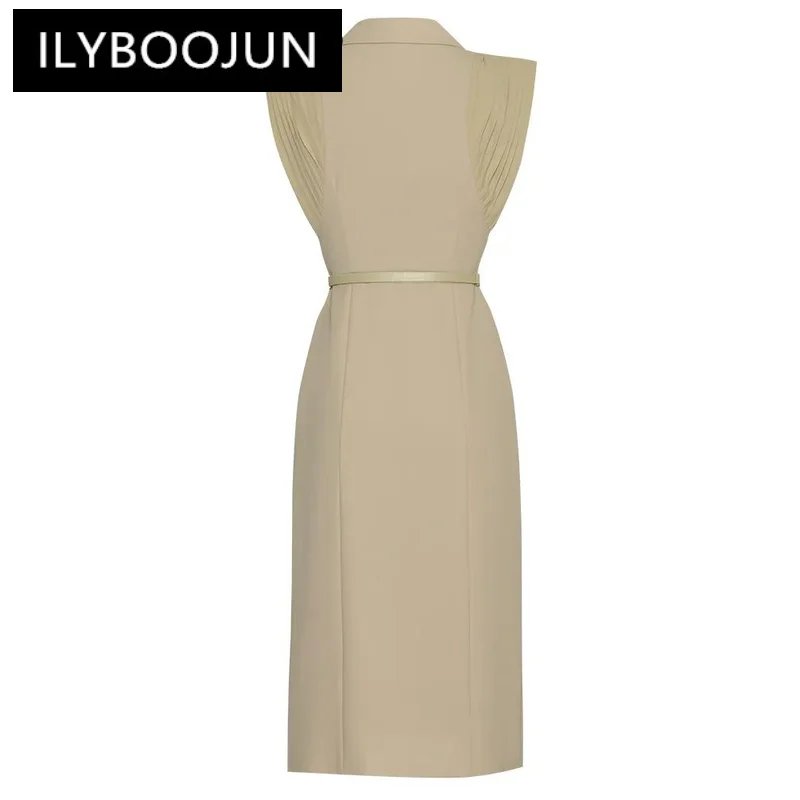 ILYBOOJUN Fashion Designer Summer Women\'s Dress Turn-down Collar Sleeveless Double Breasted Stripe Office Elegant Midi Dress