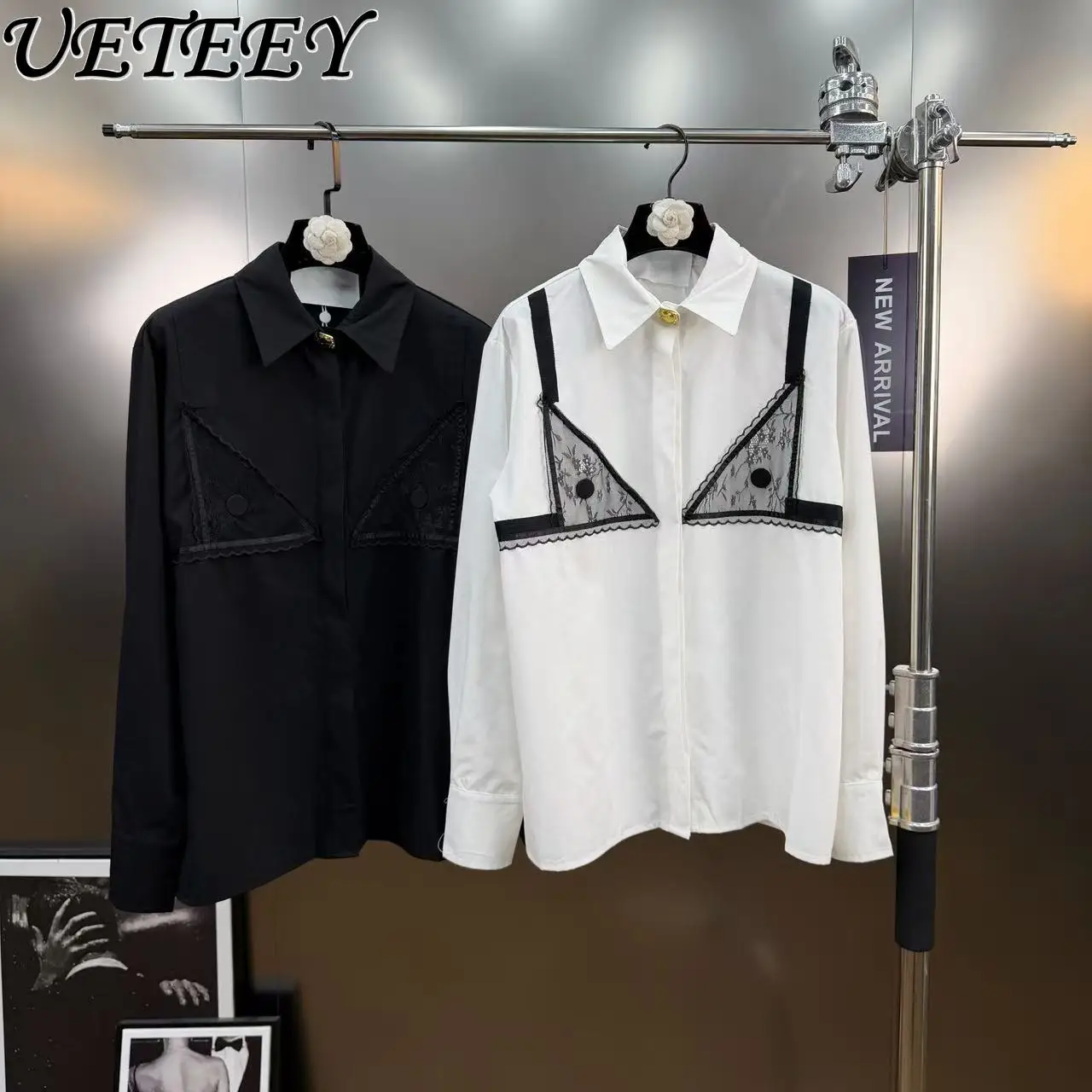 

2026 Spring New French Style Lace Patchwork Tops Fashion Turn-Down Collar Long Sleeve Shirt Loose Fake Two-Piece Design Blouse