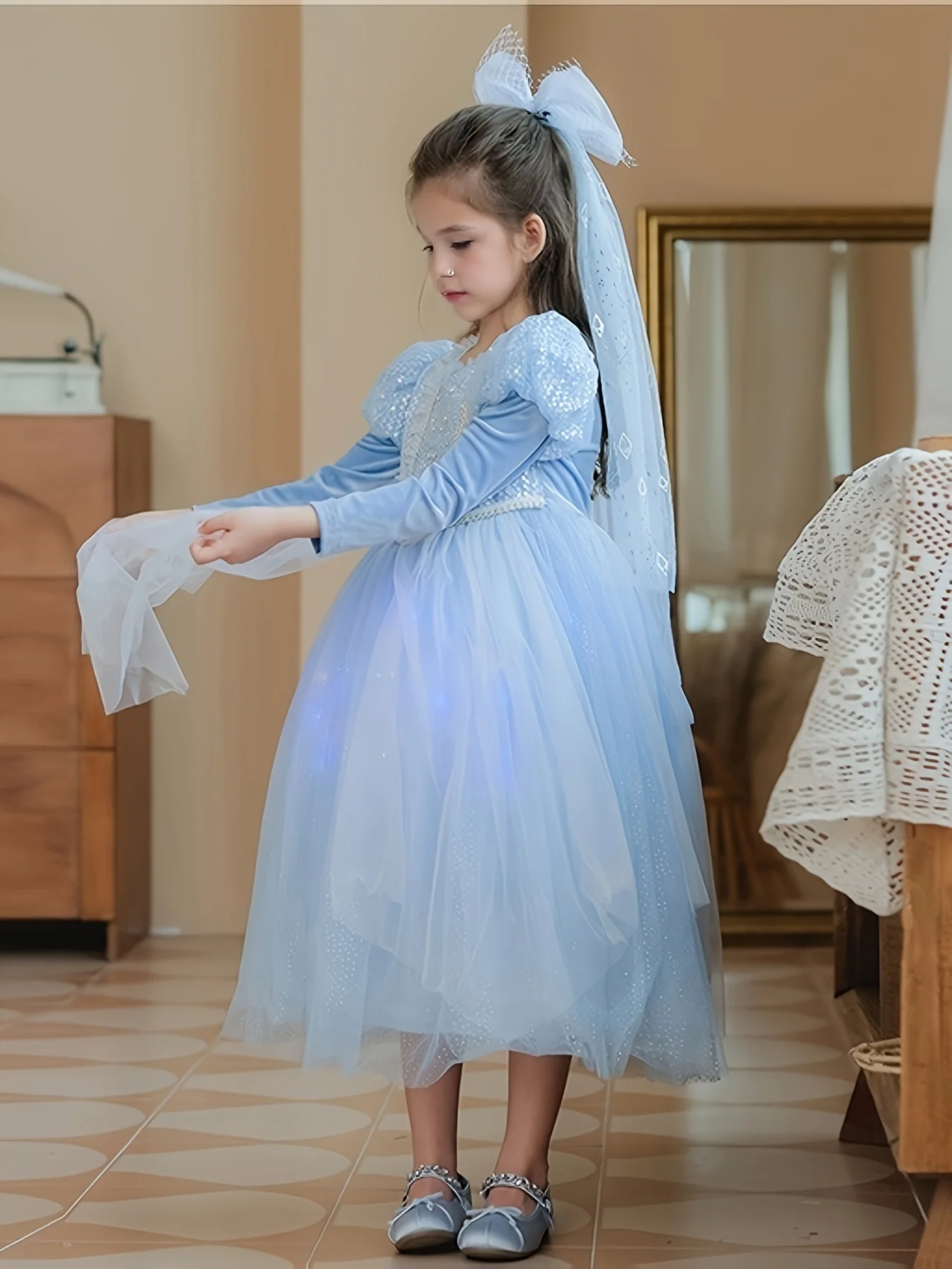 Girls sequined Elsa princess dress long sleeve ballet skirt dress Halloween Christmas gift