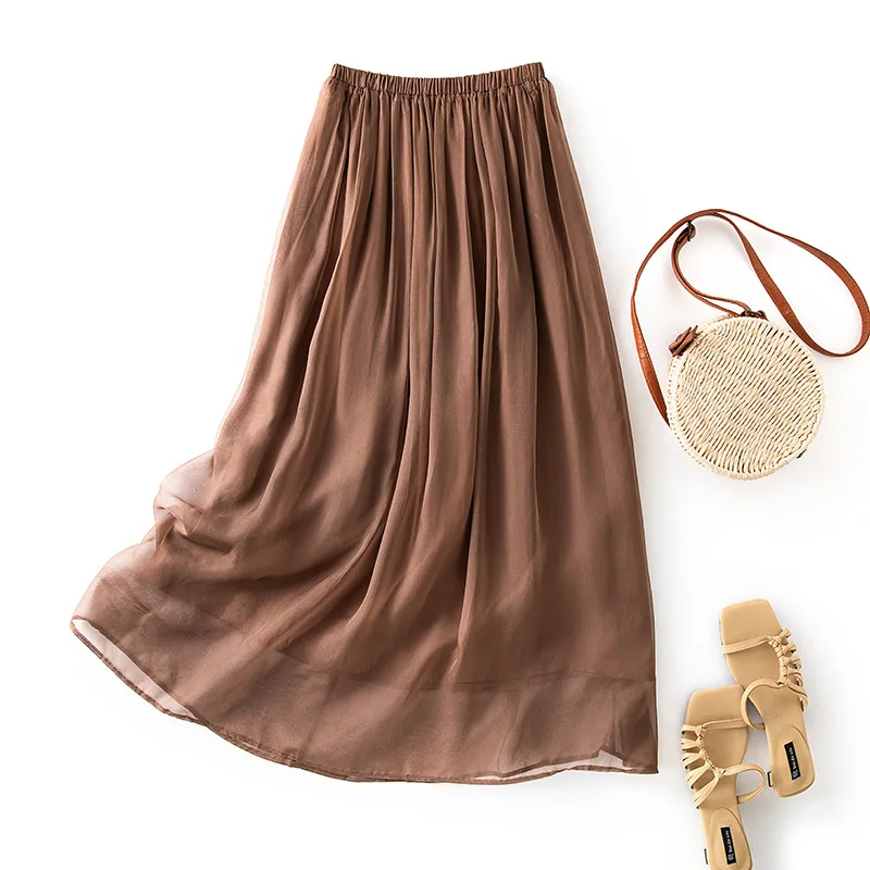 

Summer New Women 100%Real Silk Elegant Skirts Elastic Waist Solid French Temperament Fairy Commute Female Skirts