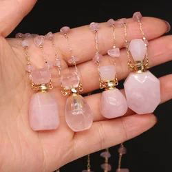 Natural Stone Rose Quartz Perfume Bottle Essential Oil Diffuser Reiki Healing Exquisite Necklace Jewelry Gift
