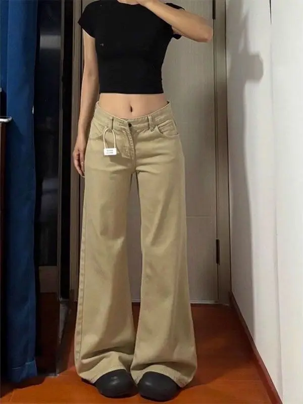 

Retro American Bell Bottom Jeans Women's Loose Drapey Khaki Wide Leg Pants Autumn New Style Small Size Low Waist Denim